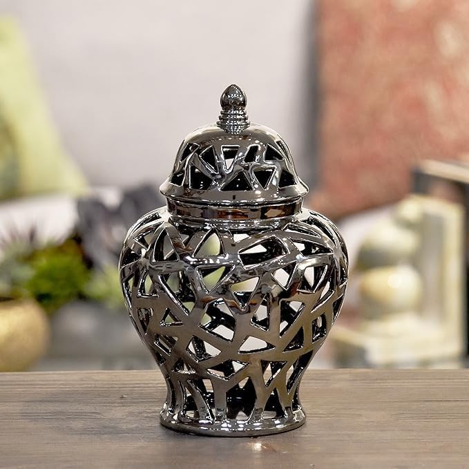 Urban Trends 21285 Ceramic Urn Vase with Cutout Triangle Design, Silver
