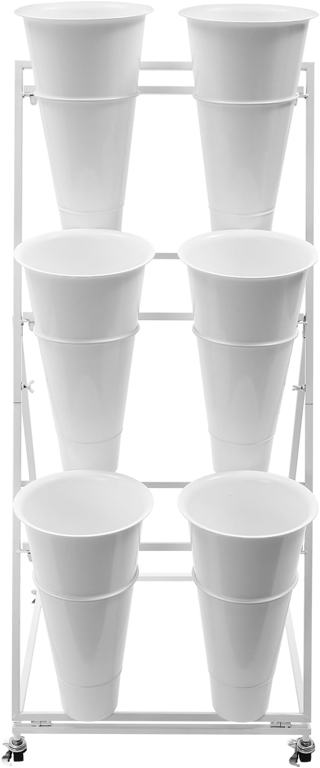 Flower Display Stand with 6 Buckets, 3 Layer Metal Plant Stand Indoor with Wheels, Heavy Duty Moving Flower Cart Flower Rack for Outdoor Patio, Garden, Florist