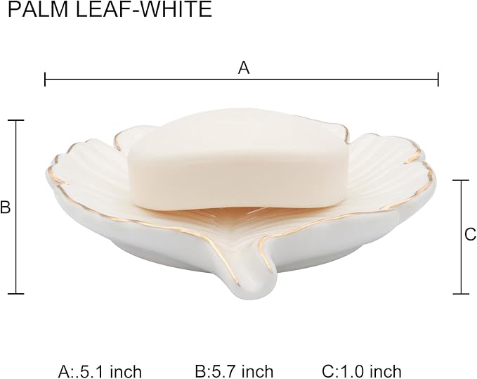 White Leaf Bathroom Soap Dish,Ceramic Soap Dish Holder in Palm Leaf Style,Self Draining Design and Used to Hold Various Small Bathroom and Kitchen Accessories