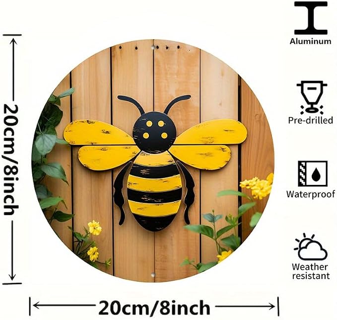 1pc, Round 8x8inch(20x20cm) Aluminum Bee Wall Art Decor, Set of 1, Aluminum Outdoor Sign - Weather Resistant, Pre-Drilled, Waterproof for Home, Living Room, Coffee Shop, Office Decoration
