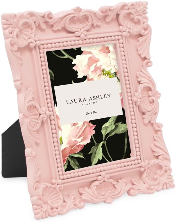 Laura Ashley 2x3 Pink Ornate Textured Hand-Crafted Resin Picture Frame with Easel, for Tabletop & Wall Display, Decorative Floral Design Home Décor, Photo Gallery, Art & More (2x3, Pink)