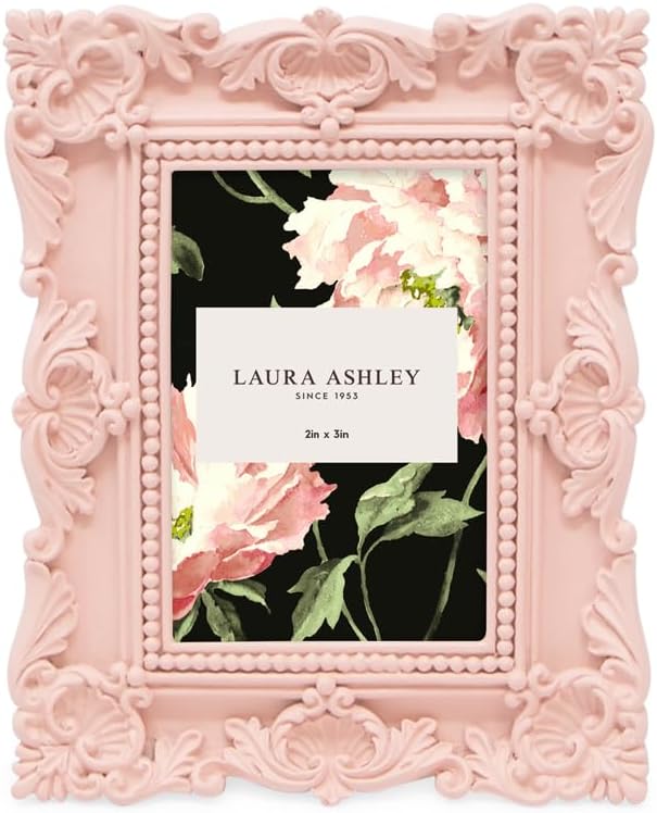 Laura Ashley 2x3 Pink Ornate Textured Hand-Crafted Resin Picture Frame with Easel, for Tabletop & Wall Display, Decorative Floral Design Home Décor, Photo Gallery, Art & More (2x3, Pink)