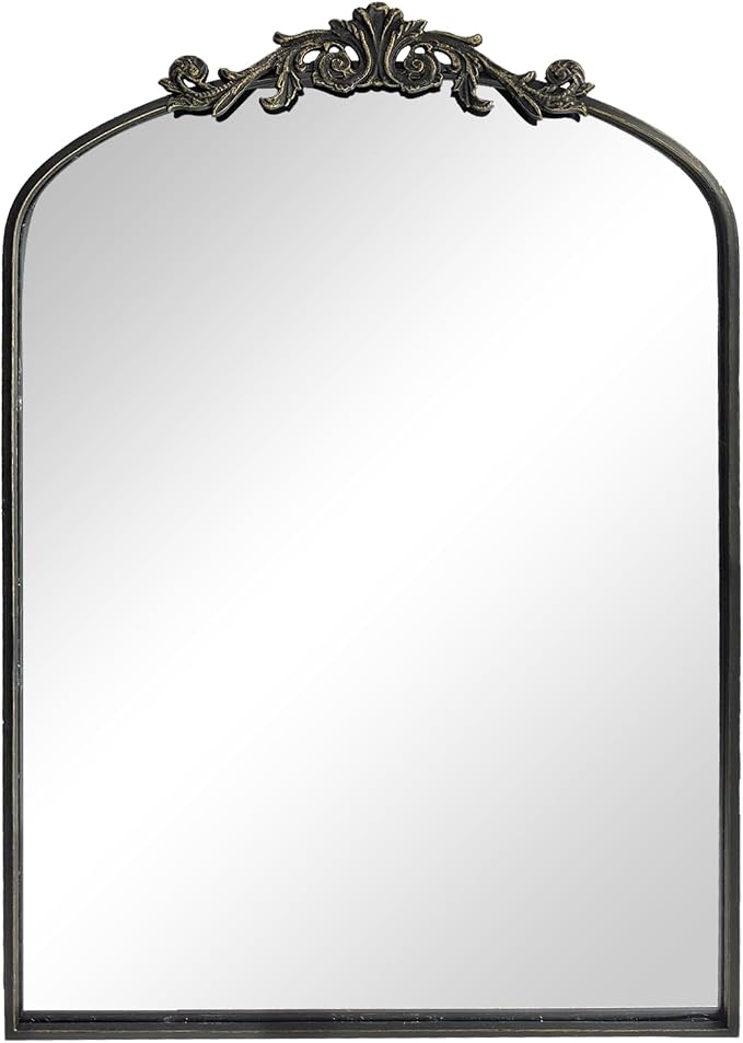 OUSHUAI Black Ornate Mirror for Wall, Traditional Vintage Ornate Baroque Mirrors,Victorian Antique Bronze Full Matel Frame,Arched Mirror for Entryway/Bathroom/Fireplace 24"X36"