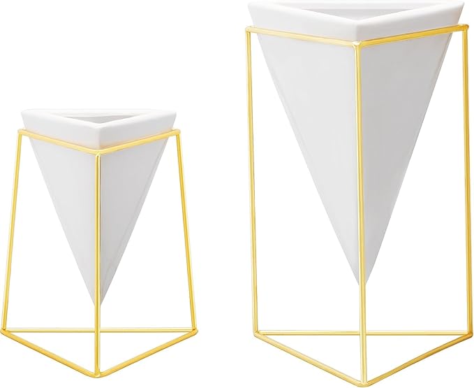 Modern Geometric Table Vases - Set of 2, 1 x Large, 1 x Small, White Ceramic Porcelain Style Baskets, with Decorative Brass Wire Frames - Accents Blue, Turquoise, and Yellow Flowers