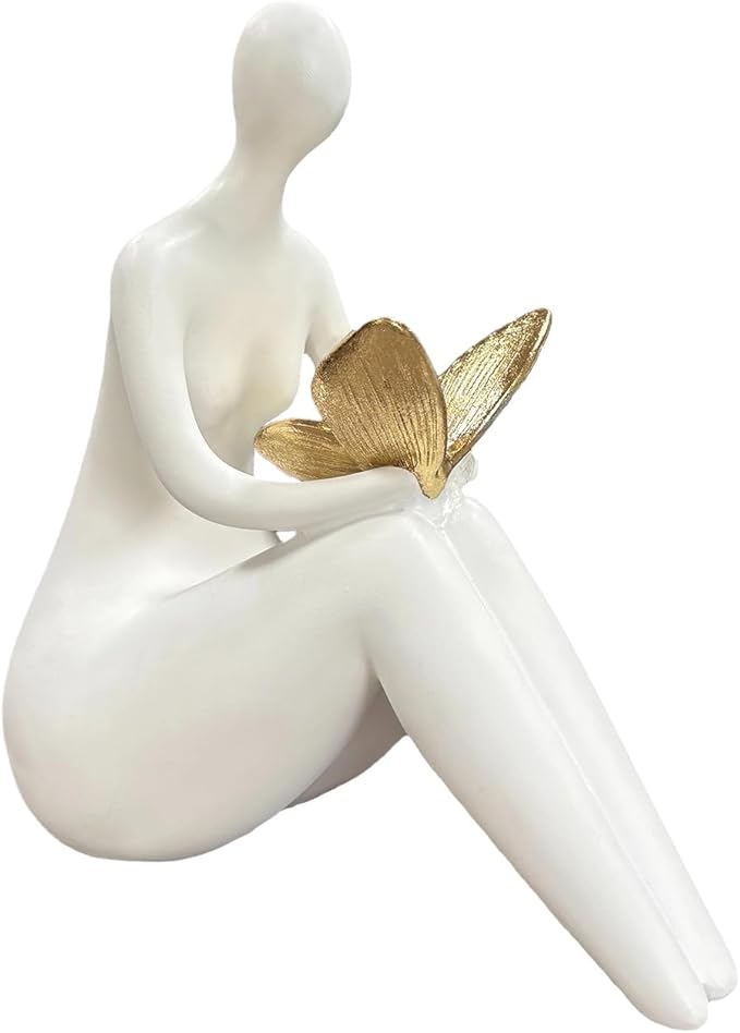 Lescafita White Abstract Sitting Figurine with Gold Butterfly – Modern Shelf Sitter Sculpture for Home Decor, Minimalist Statue, Elegant Desk Ornament for Living Room, Office & Bookshelf Decoration