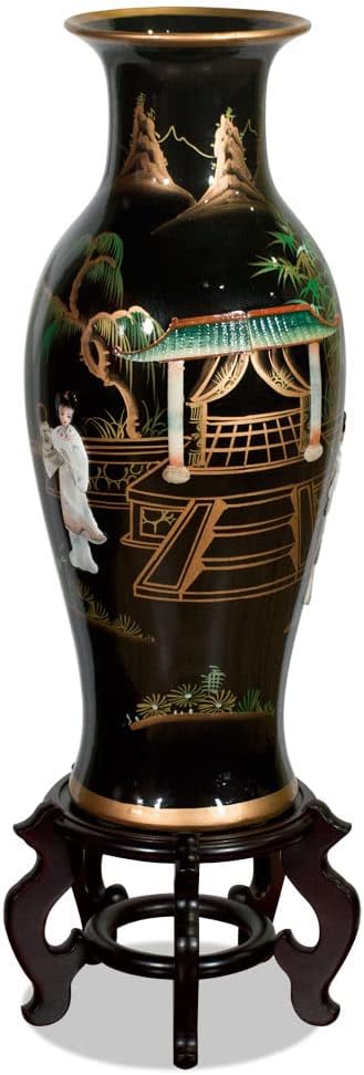China Furniture Online 24 Inch Black Lacquer Mother of Pearl Oriental Porcelain Vase