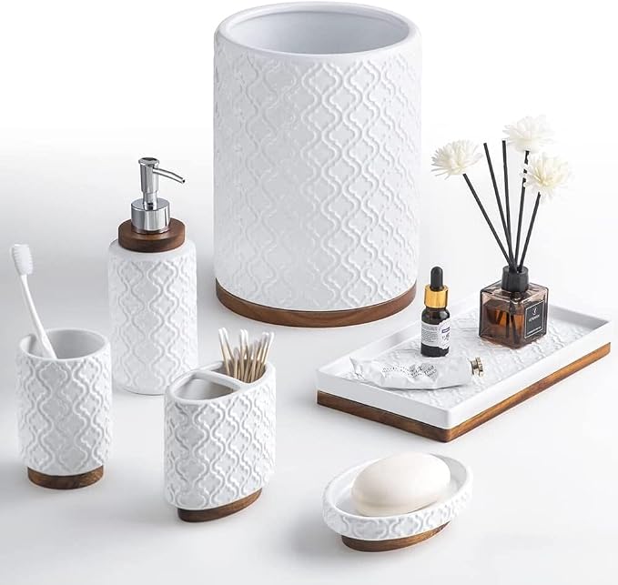 RQYIXI Bathroom Accessories Set 6 Pcs Ceramic Wooden Bathroom Set with Soap Dispenser Toothbrush Holder Tray Tumbler Soap Dish Trash Can（White）
