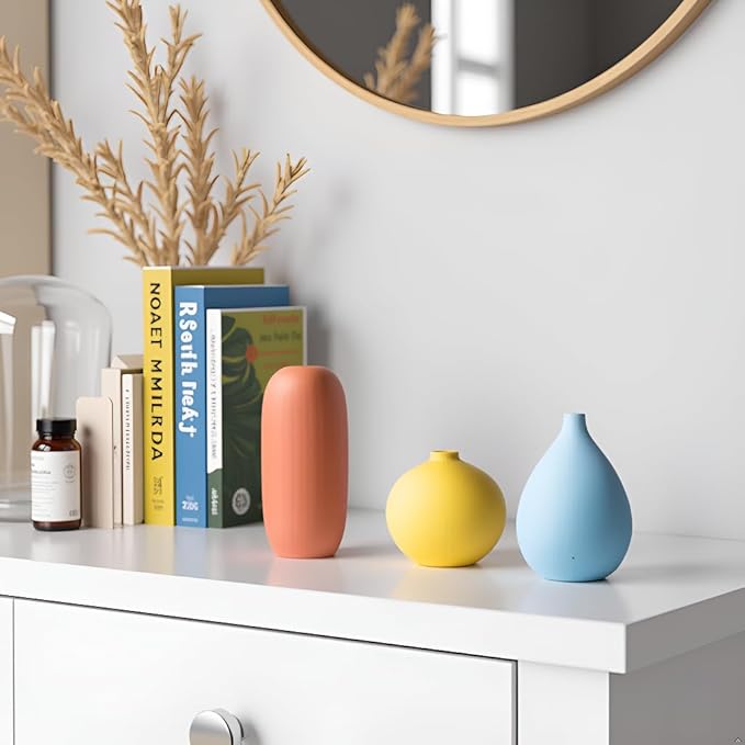Vase Set of 3, Ceramic Matte Vases Modern Home Table Decor, for Living Room Tabletop, Bedroom, Shelf, Office Bookshelf, Entryway & Coffee Table, Creative Desktop Pieces for Minimalist