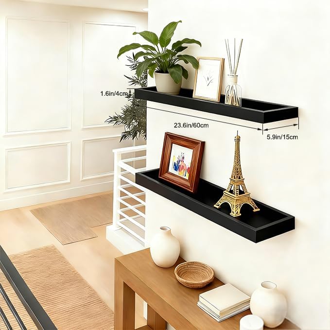 2 Pack 23.6 in Black Floating Shelves for Wall, Wooden Wall Shelves for Bedroom Living Room Kitchen, Modern and Rustic Bathroom Shelves with Raised Lip, Decor Floating Shelf for Storage Display