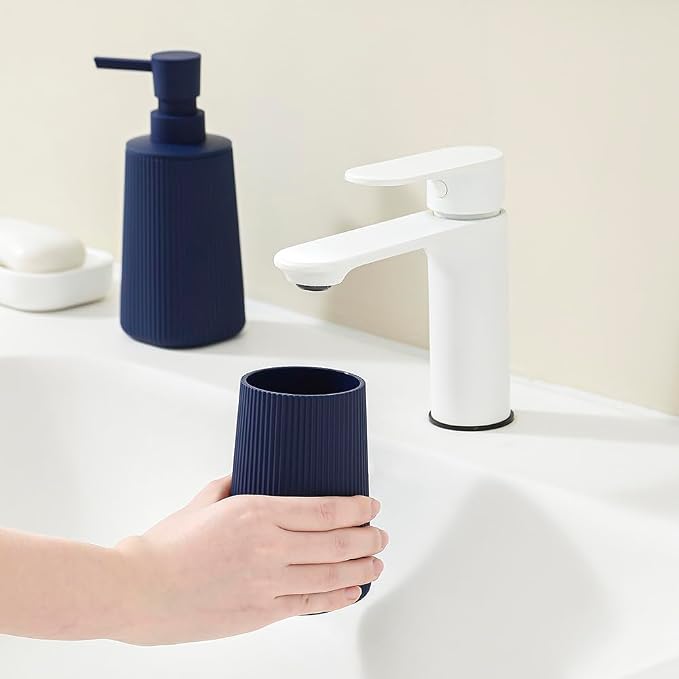 YAUKPH Bathroom Accessories Set 2 Piece Soap Dispenser and Toothbrush Holder for Bathroom Countertop Striped Blue