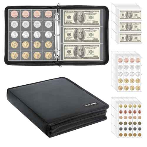 Coin Collection Book Holder for Collectors, 520 Pockets Fireproof Coins Collecting Album & 36 Sleeves Money Storage Case for Coin Currency Collection Supplies, Bill, Pennies, Quarters, Stamp