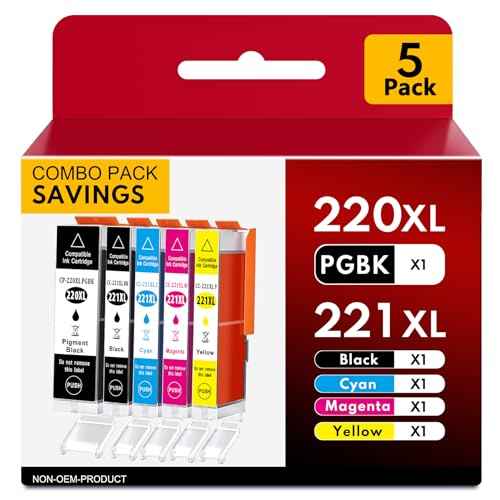 PGI-220 CLI-221 Ink Cartridge Compatible for Canon MX870 221 220 Ink Cartridges PGI220 CLI221 to use with MP560 MP620 MP640 MX860 MP980 MP990 iP3600 iP4600 iP4700 Printer(5 Pack)