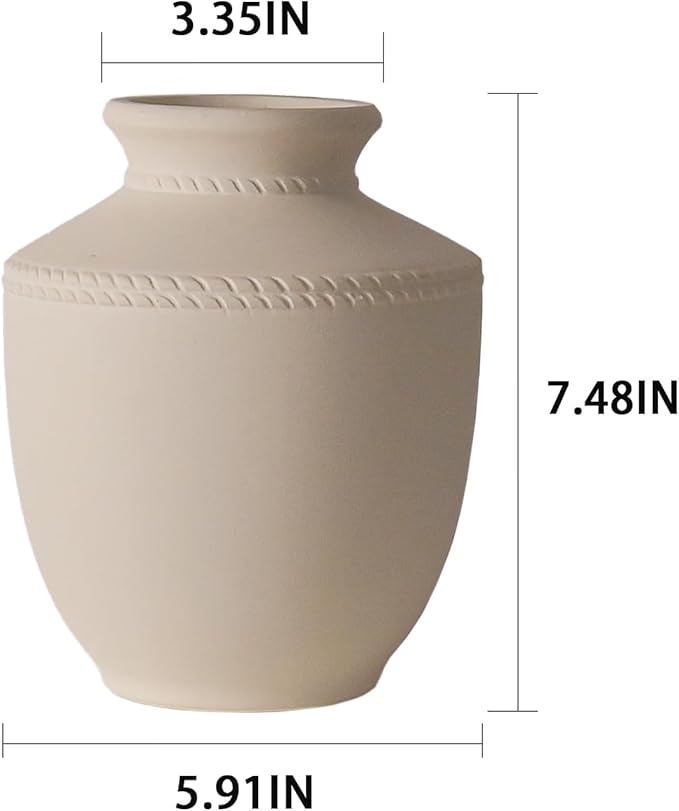 Farmhouse Ceramic Vase for Living Room Bedroom White 7.45'' Flower Bouquet Vase for Fake Plant Home Decor Office Fireplace Centerpieces Rustic Retro Vintage Modern Gift Decoration