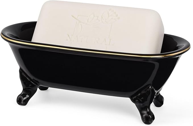 6.5" Ceramic Mini Decorative Clawfoot Bathtub Bar Soap Dish, Kitchen Sponge Holder and Shower Tray for Bathroom, 1 Pack (Black Gold Rim)
