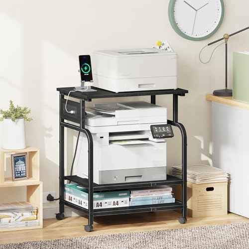 YAOHUOO 3 Tier Large Printer Stand with Power Outlet/Adjustable Storage Shelf, Rolling Cart with Wheels, Printer Table for Home Office 3D Printer/Heat Press/Laster, 22"¡¿15" Black