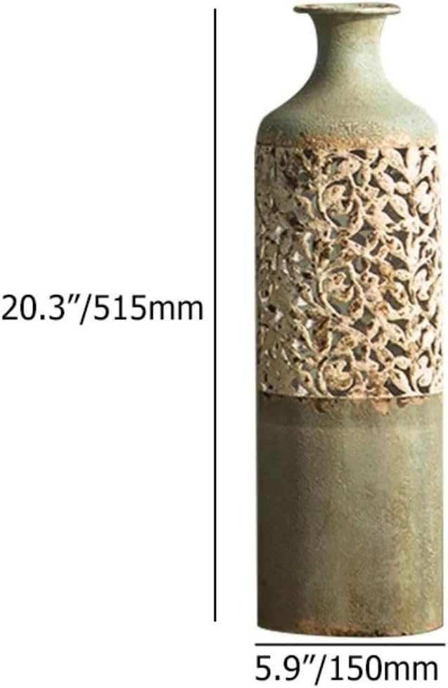 20.3″ Tall Metal Floor Vase – French Country Green & White Geometric Iron Cylinder Decorative Vase for Living Room • Entryway • Hallway (Rustic Romantic Accent & Dried/Faux Flowers)