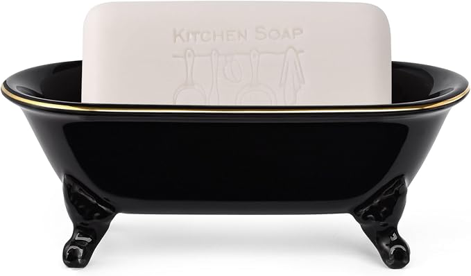 6.5" Ceramic Mini Decorative Clawfoot Bathtub Bar Soap Dish, Kitchen Sponge Holder and Shower Tray for Bathroom, 1 Pack (Black Gold Rim)
