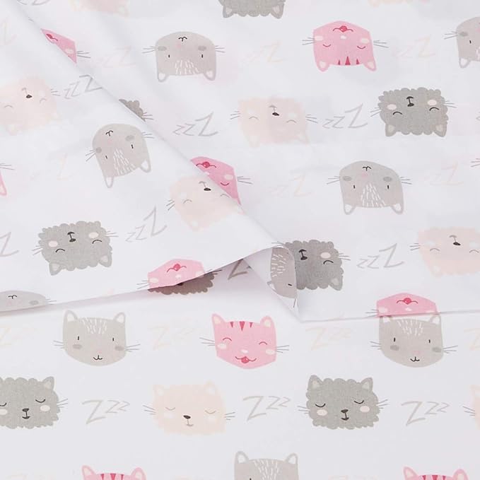 Amazon Basics 4 Piece Kid's Soft Easy-Wash Lightweight Microfiber Sheet Set, Full, Pink Kitties, Animal Print