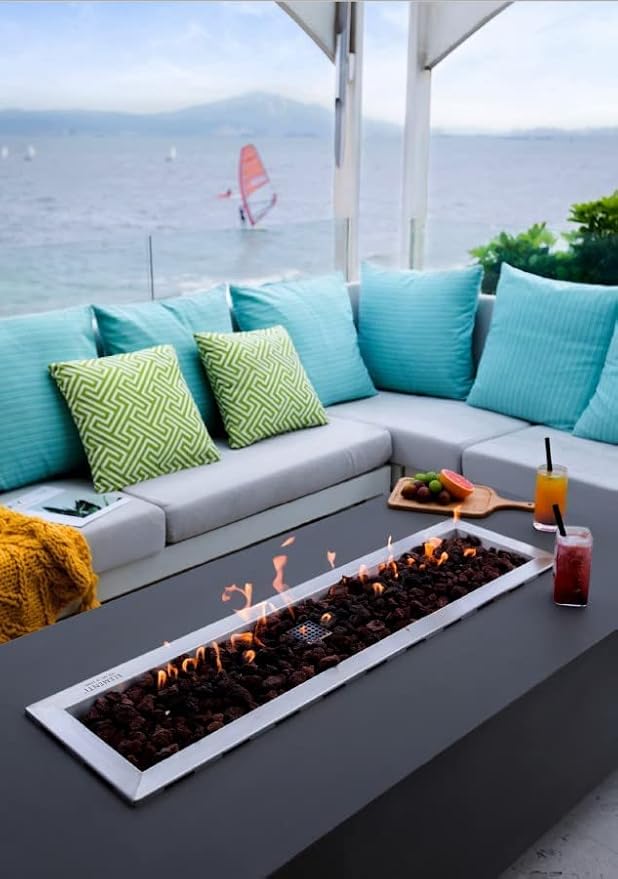 Elementi | Granville Gas Fire Pit Cast Concrete 60" Rectangular Fire Table, Outdoor Fire Pit Electronic Ignition | Canvas Cover, Lava Rock Included | Dark Gray (Propane Gas)