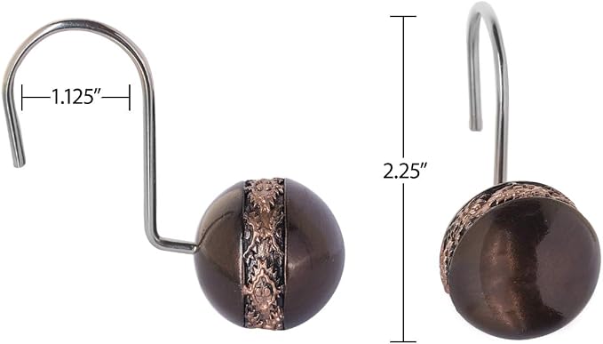 Creative Scents Dublin Brown Shower Curtain Hooks Decorative - Set of 12 Shower Hooks for Shower Curtain - Durable Shower Rings for Bathroom Curtain