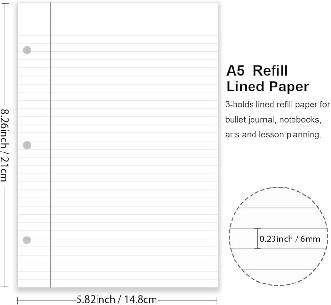 (3-Pack) A5 Filler Paper, 3 Hole Planner Refills, Organizer, Loose-leaf Binder Paper, Total 300 Sheets/600 Pages, Lined, 100gsm, White, 5.8 x 8.2 Inch, 3 Hole Filler Paper, Mini Binder Refill Inserts