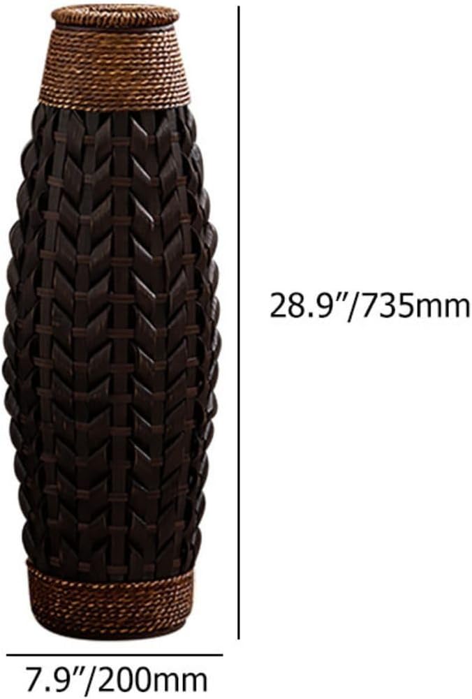 28.9''H Rustic Tall Woven Bamboo & Rattan Floor Vase – Decorative Standing Accent Vase for Dried or Silk Flowers, Farmhouse & Boho Home Decor for Living Room or Entryway (Black & Brown, Large)