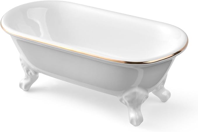 6.5" Ceramic Mini Decorative Clawfoot Bathtub Bar Soap Dish, Kitchen Sponge Holder and Shower Tray for Bathroom, 1 Pack (White Gold Rim)