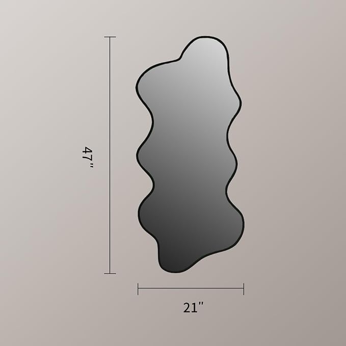 Irregular Wavy Wall Mirror Asymmetrical Shaped Aluminum Alloy Framed Big Unique Full Length Mirror for Living Room Bathroom Bedroom Entryway Fireplace (Black, 47"x21")