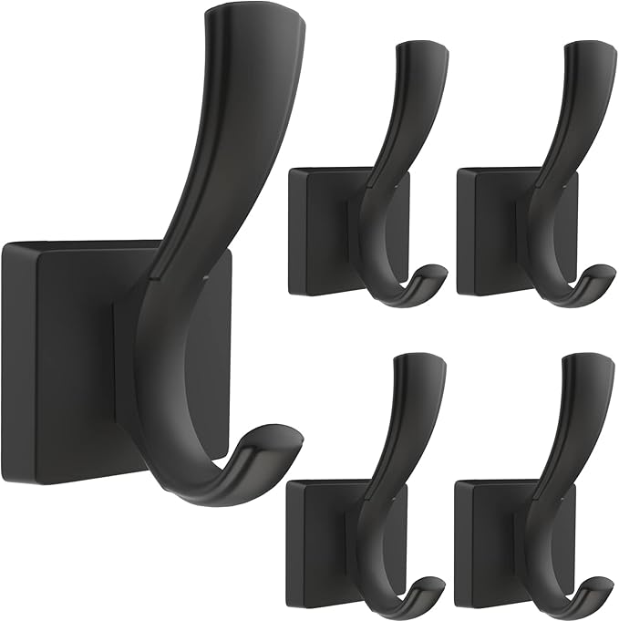 TOFIIGREM Black Towel Hooks Coat Hook, Towels Robe Holder for Bathroom Hat Hooks for Wall Hanging Key Bag Backpack (5 Pack, Black)