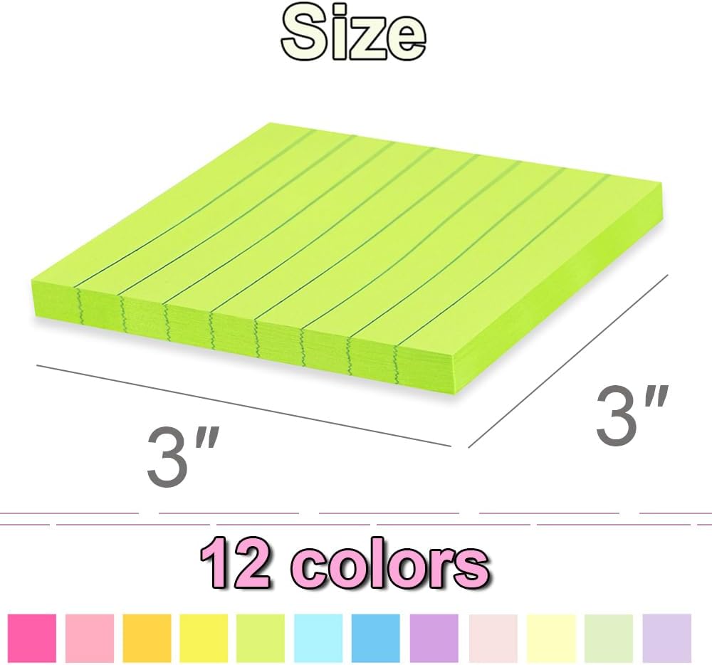 Skiennix Lined Sticky Notes - 3x3 Inch Notepads with Super Sticking Power | Bright Colors, Recyclable