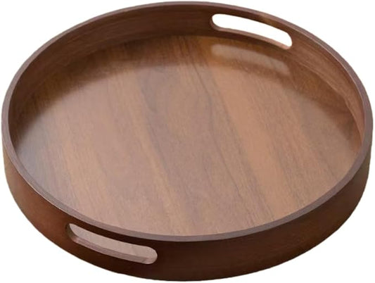 11.8 Inch Rustic Wood Serving Tray with Handles-Small Round, Decorative Tray for Kitchen Living Room Coffee Table Candle Display Breakfast in Bed, Multi-Functional Food & Beverage Tray Farmhouse Style