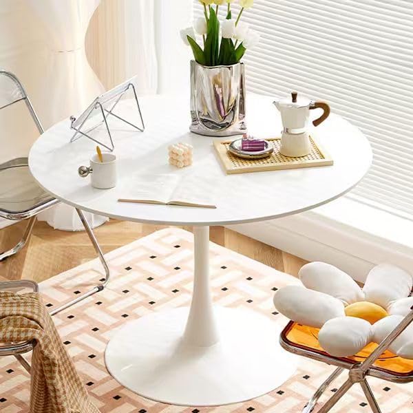 Round White Dining Table Modern Kitchen Table with Pedestal Base in Tulip Design, Mid-Century Leisure Table for 2 to 4 Person，for Kitchen, LivingRoom, Office, Cafe (23.6 x 23.6 x 28.7 inches)