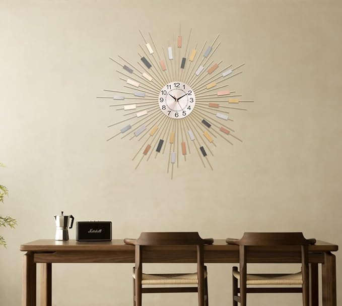 24" Large Sunburst Wall Clock, Boho Modern Farmhouse Metal Decorative Clock, Silent Non‑Ticking Battery Powered, Mid‑Century Starburst Art Decor for Living Room Bedroom Office Home