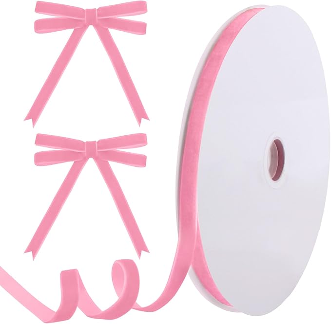 25 Yards Pink Velvet Ribbon for Christmas Tree,3/8 Inch Velvet Christmas Ribbon for Gift Wrapping Crafts Bow Wreath Holiday Decorations (Pink)