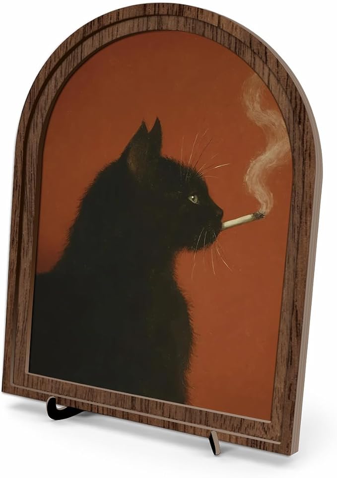 Vintage Black Cat Table Decor Arched Wooden Frame with Stand, Moody Gothic Animal Artwork for Desk Shelf Mantel, Unique Living Room Bedroom Home Decorations