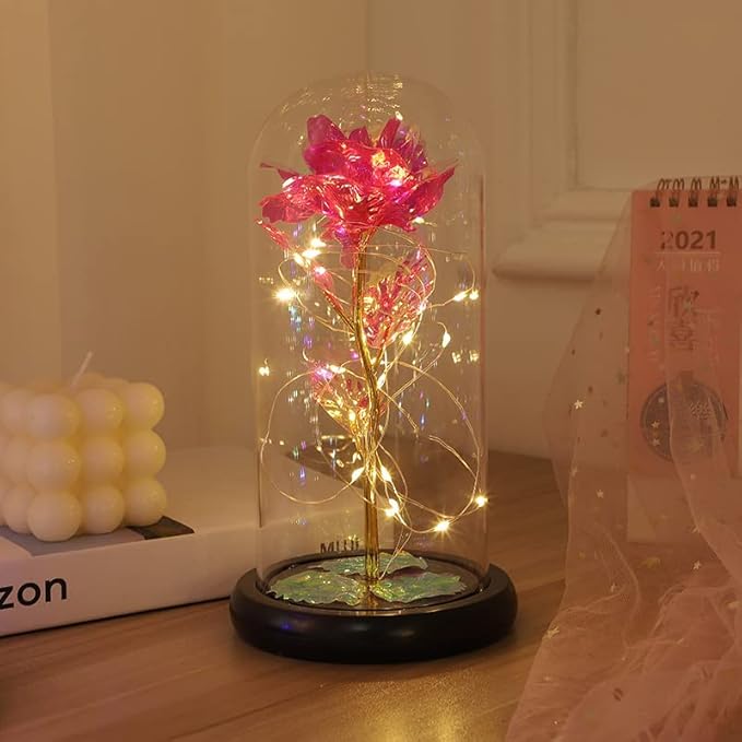 Eternal Glass Rose in Display Dome | Glass Flower with Colorful Base, A Perfect Romantic Gift for Valentine's Day, Mother's Day, Birthday & Christmas for Her