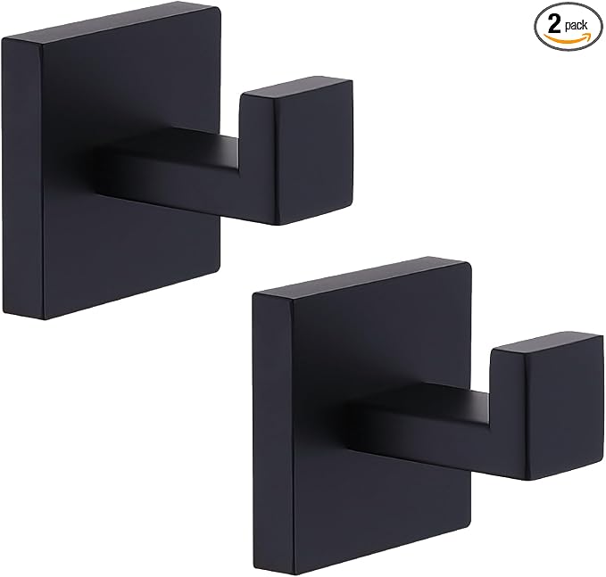 TASTOS Bath Towel Hooks Matte Black, 2 Pack Stainless Steel Robe Coat and Clothes Hook, Heavy Duty Wall Hook for Bathroom & Kitchen, Modern Square Style Wall Mounted (Black)