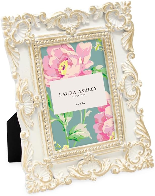 Laura Ashley 2x3 White W/ Gold Ornate Textured Hand-Crafted Resin Picture Frame with Easel, for Tabletop & Wall Display, Decorative Floral Design Home Décor, Art & More (2x3, White W/ Gold)