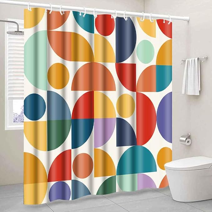 Vintage Colorful Rainbow Mid Century Shower Curtain Modern Abstract Geometric Art Bathroom Curtain Decor 72x96 Inch Washable Fabric Bright Retro Boho Circle Patterned Bath Curtain with 12 Hooks