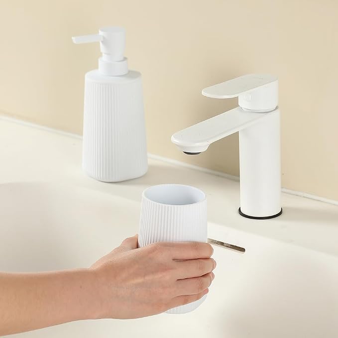 YAUKPH Bathroom Accessories Set 2 Piece Soap Dispenser and Toothbrush Holder for Bathroom Countertop Striped White
