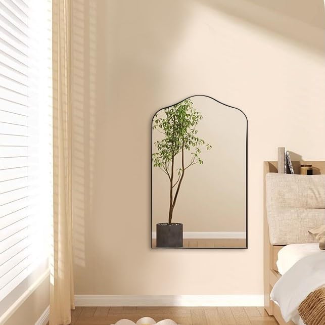 ANDY STAR Scalloped Arched Mirror, 22x35 Brushed Nickel Irregular Bathroom Mirror for Vanity, Asymmetrical Curved Top with Rustproof Stainless Steel Frame, for Entryway, Bedroom, Mantel, Fireplace