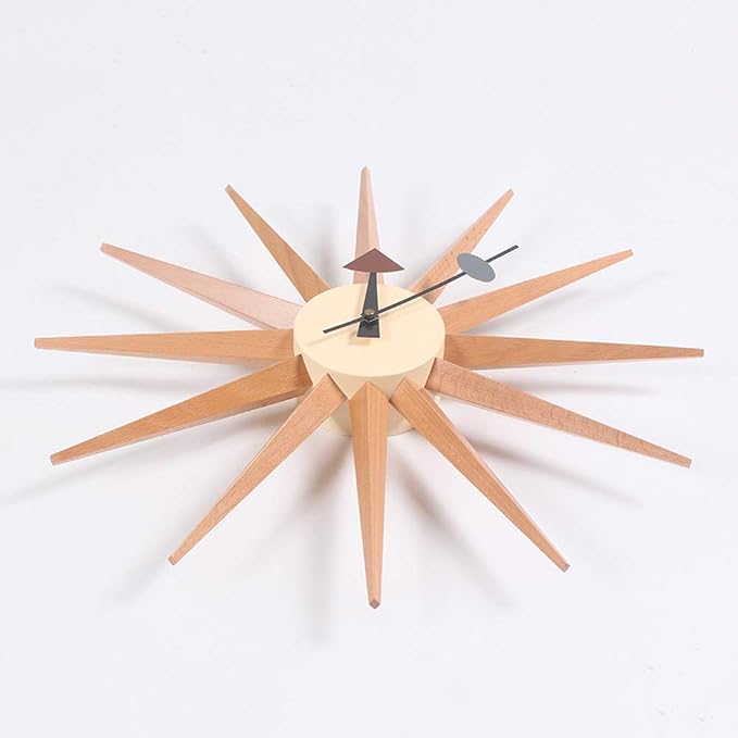 SHISEDECO Modern Art Sunburst Clock in Natural Color, Non Ticking Wooden Mid Century Retro Design Decorative Silent Wall Quartz Clocks for Home, Kitchen, Living Room, Office and Bedroom etc.
