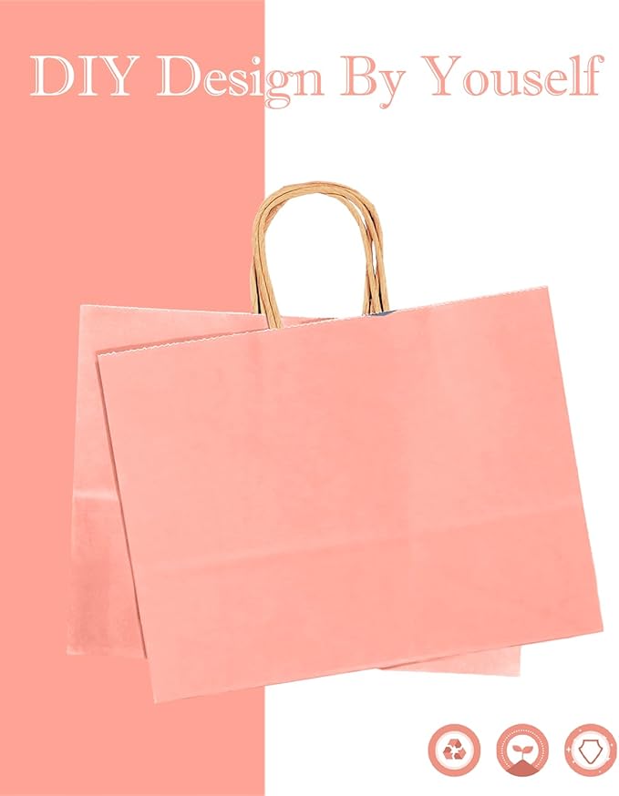 qiqee 13"x4.5"x10" Large Gift Bag with Handles Bulk 32PCS Gift Paper Bags Light Pink Bags Multiple Uses (Wide Large)