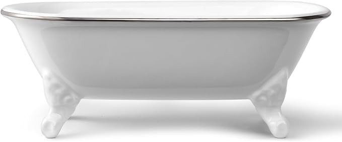 6.5" Ceramic Mini Decorative Clawfoot Bathtub Bar Soap Dish, Kitchen Sponge Holder and Shower Tray for Bathroom, 1 Pack (White Silver Rim)
