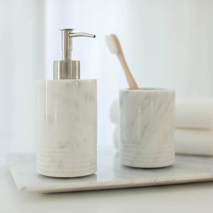 JIMEI Marble Soap Dispenser with Stainless Steel Pump for Bathroom Kitchen Countertop - Lotion & Liquid Dispenser Soap Bottle White