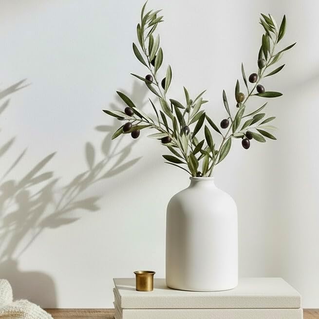 White Ceramic Vase - 7 Inch Tall - Large, Minimalist Modern Home Decor, Decorative Object - Centerpiece, Coffee Table, Living Room, Bookshelf, Office, Entryway, Console, Wedding, Flowers, Olive Plant