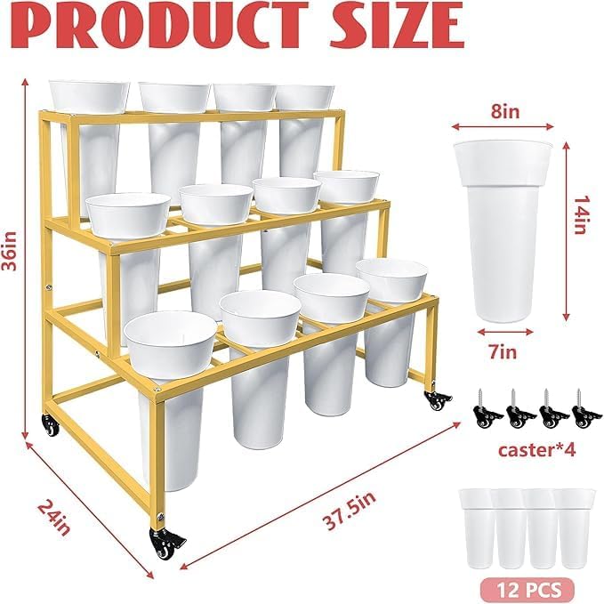 PROLEE Flower Display Stand with 12 Buckets, Flower Cart 3 Layers, Flower Stand Metal with Wheels, Moving Florist Bouquet Shelf, Rectangular Rack (Gold)