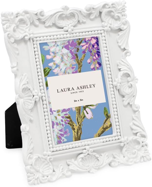 Laura Ashley 2x3 White Ornate Textured Hand-Crafted Resin Picture Frame with Easel, for Tabletop & Wall Display, Decorative Floral Design Home Décor, Photo Gallery, Art & More (2x3, White)