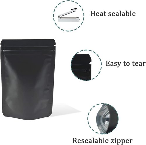 PABCK Mylar Stand-Up Resealable Bags - 3.55mil Thick Frosted Black Foil | 50 Pack, 3.35x5.1 Inch Food Storage Pouches