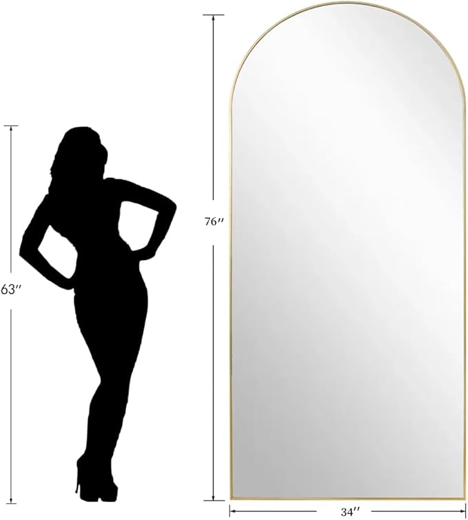 Dewfig Arched Full Length Mirror, 76"x34" Large Floor Mirror, Full Body Mirrors for Leaning or Hanging, Standing Mirrors for Bedroom, Living Room,Dressing Room, Aluminum Alloy Frame, Gold